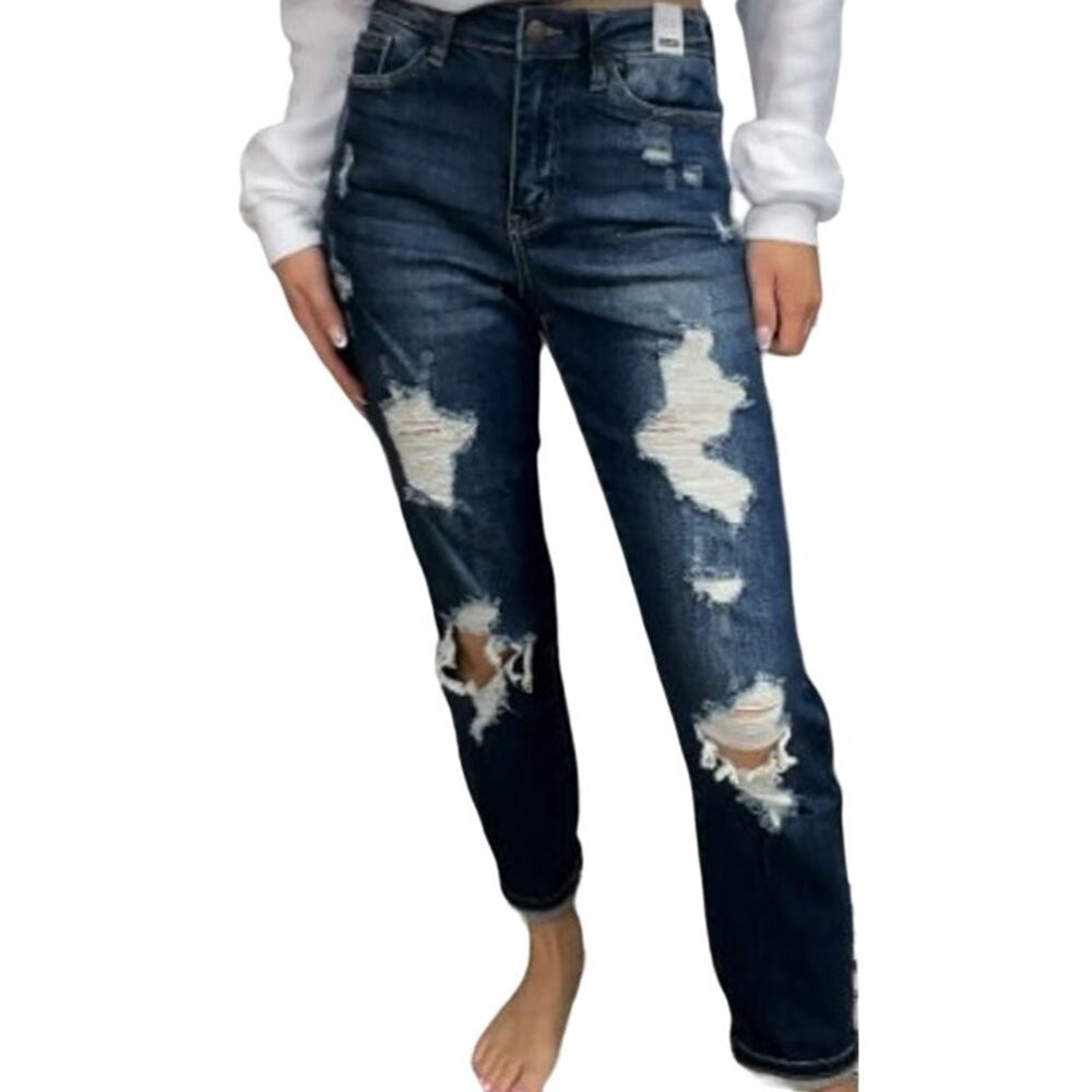 Judy Blue Boyfriend Fit Jeans Dark Wash High Rise Distressed Stretch 9/29x29